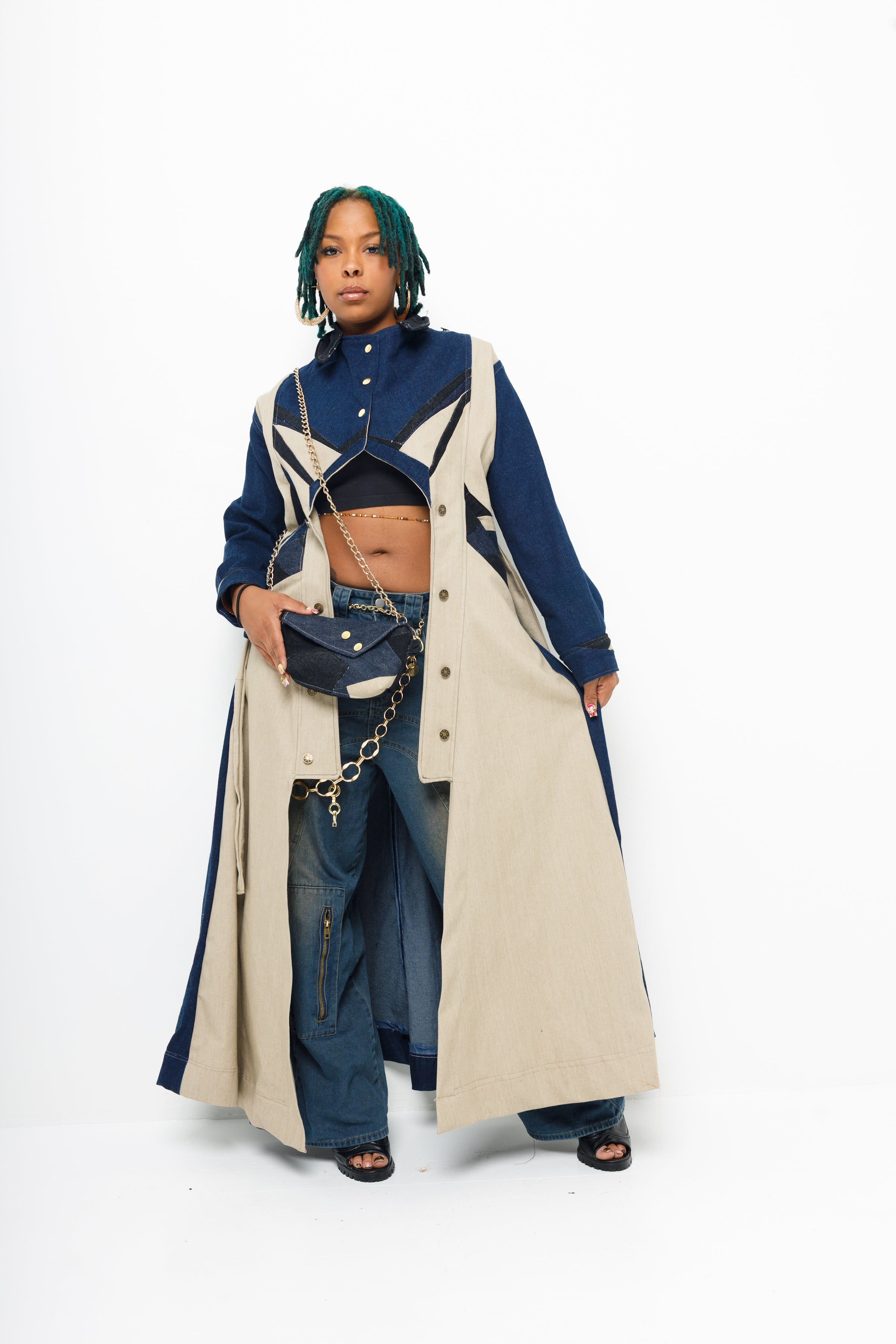 “Carmen” patchwork denim cover trench coat