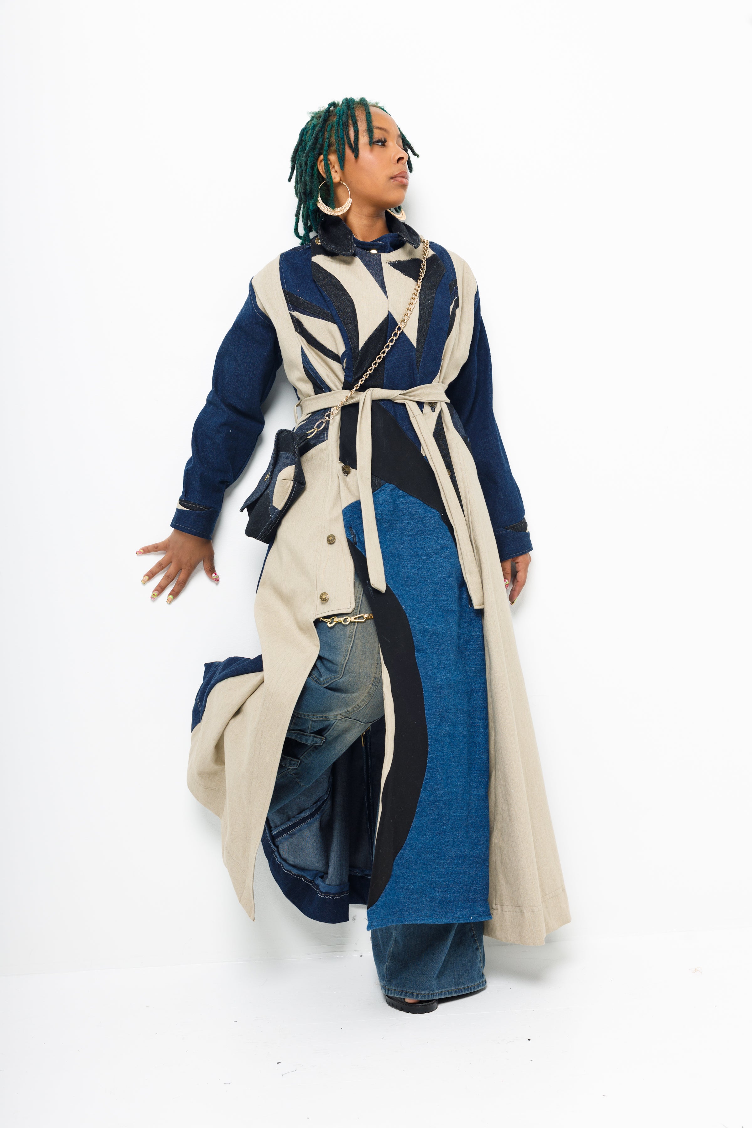 “Carmen” patchwork denim cover trench coat