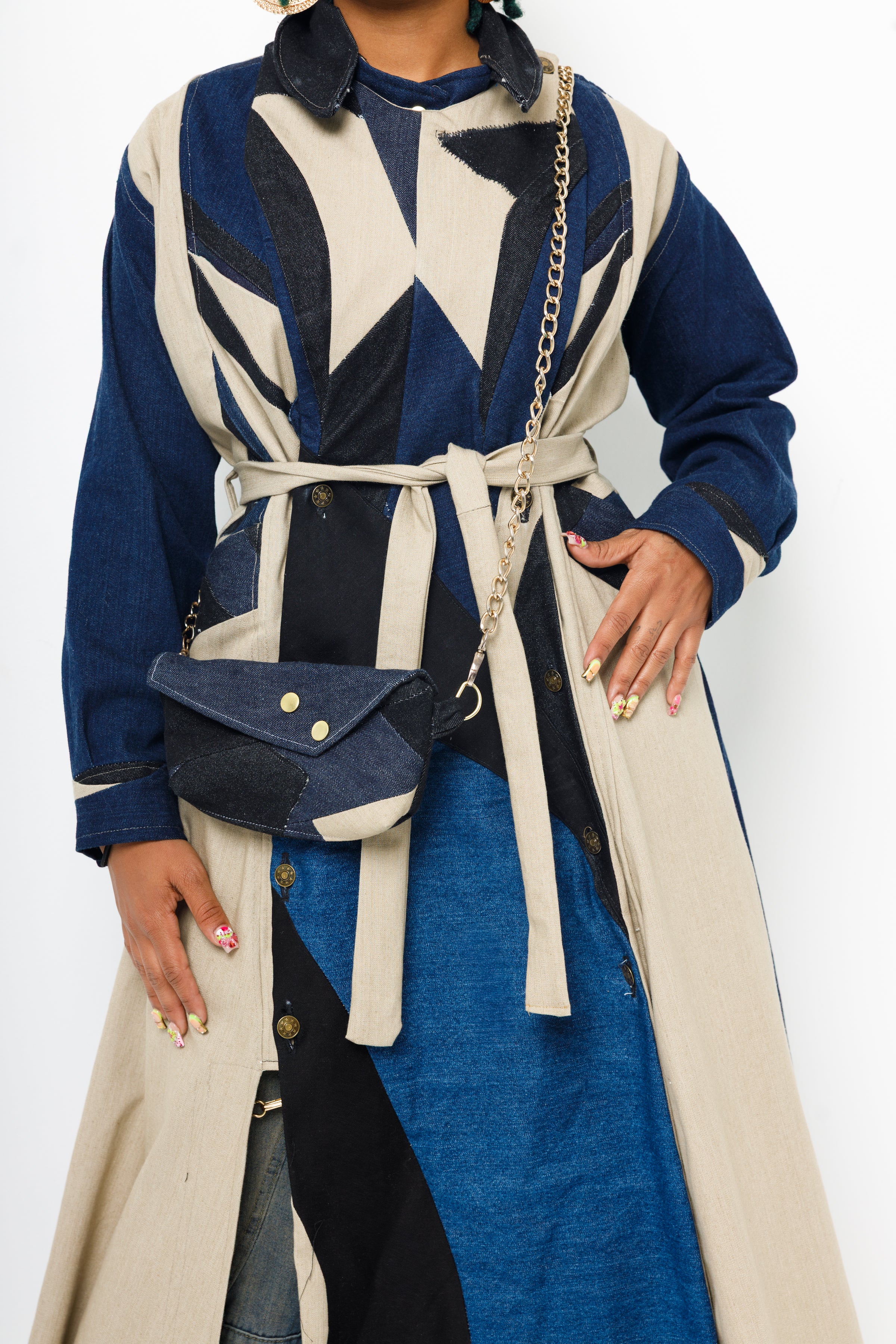 “Carmen” patchwork denim cover trench coat