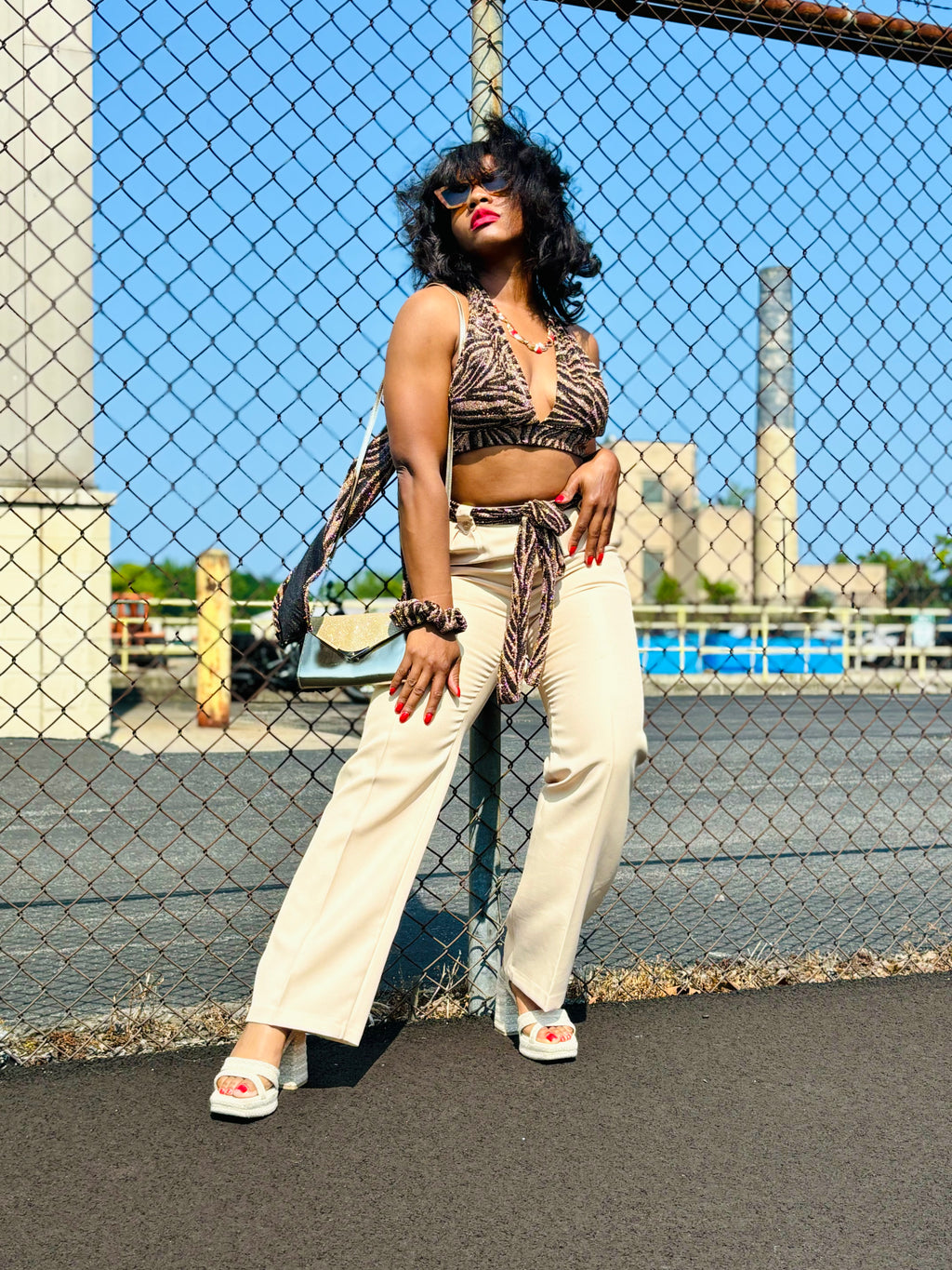 “Evante” metallic zebra print halter wrap top with matching scrunchie