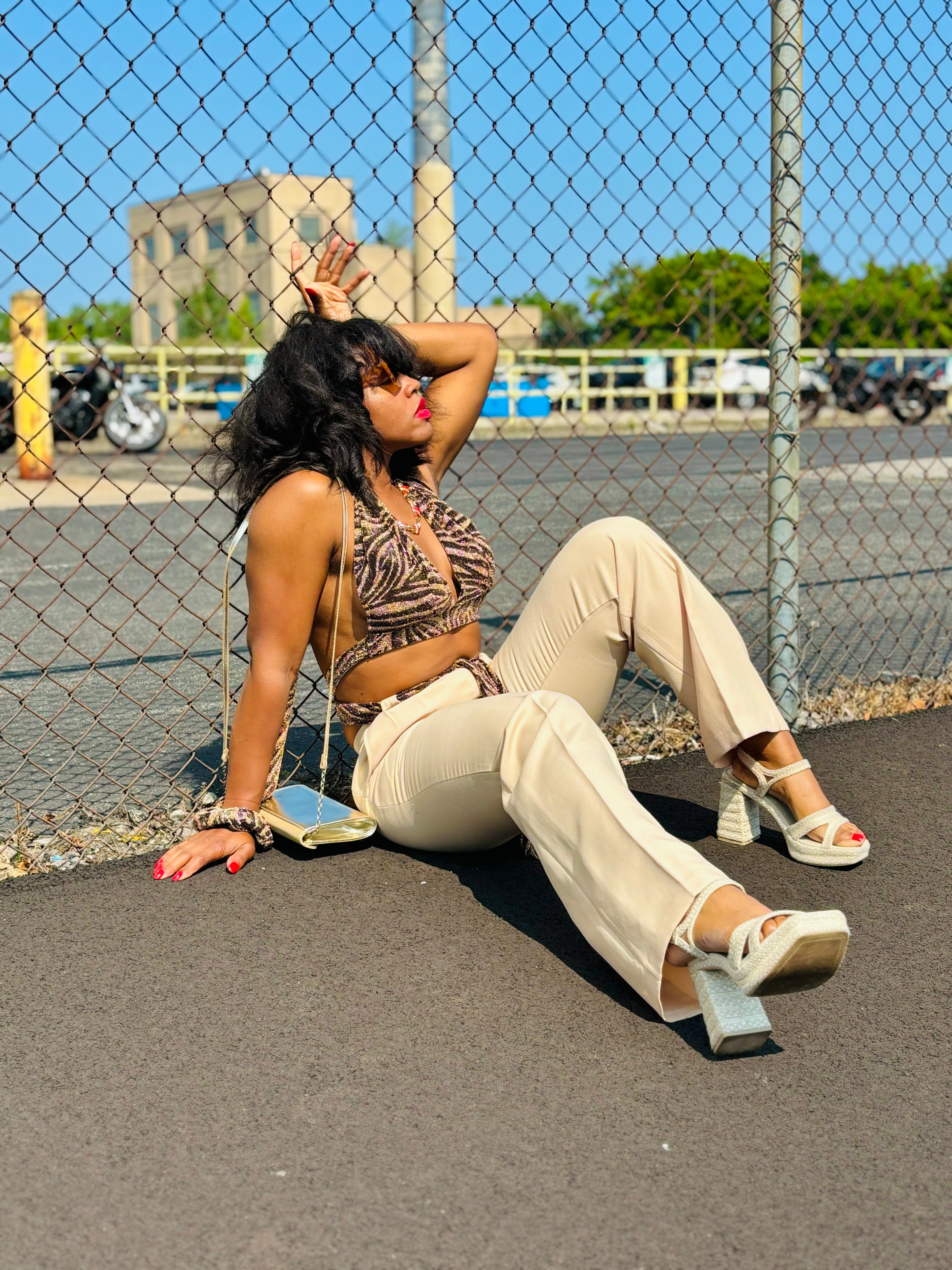 “Evante” metallic zebra print halter wrap top with matching scrunchie