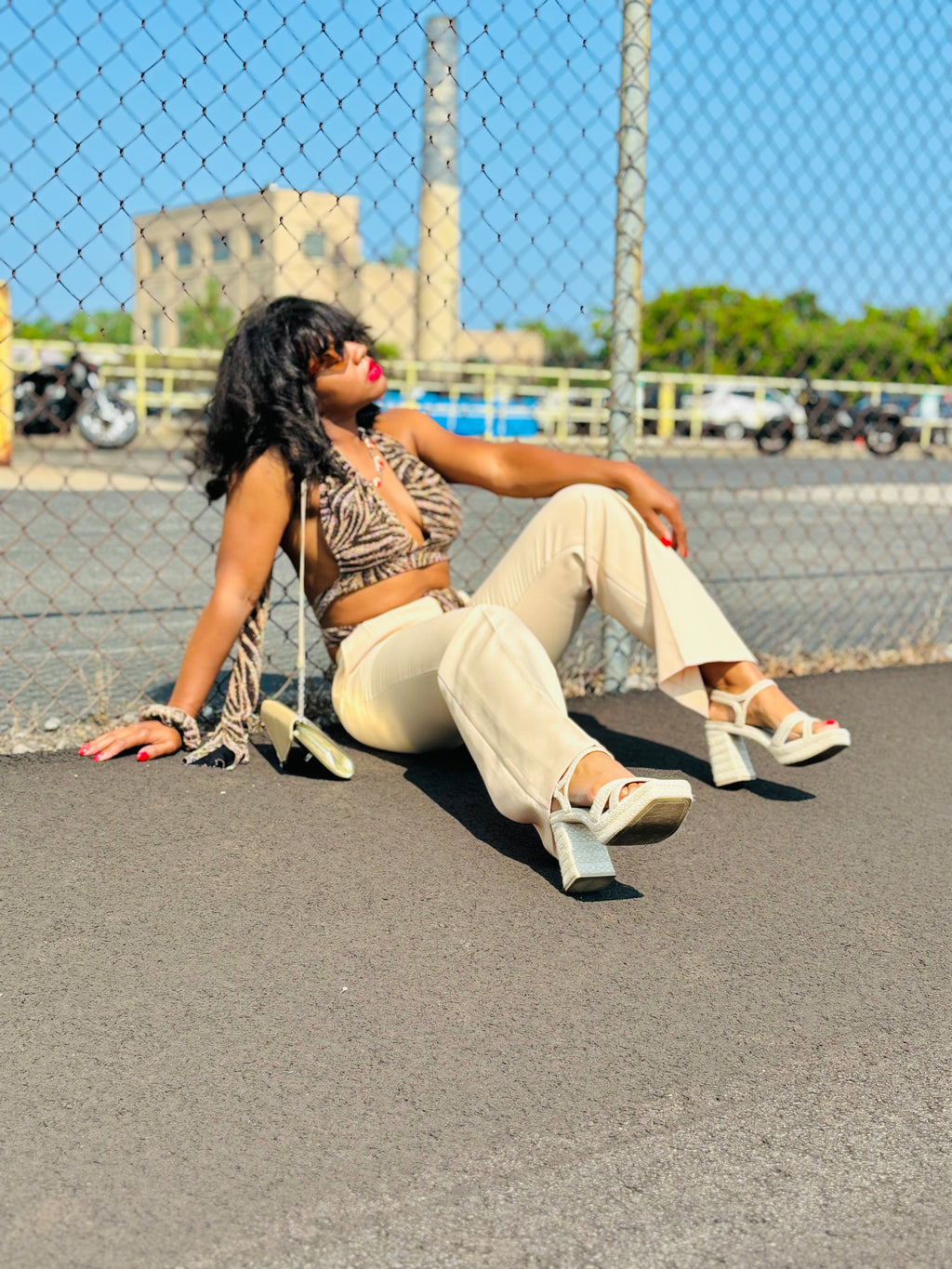 “Evante” metallic zebra print halter wrap top with matching scrunchie