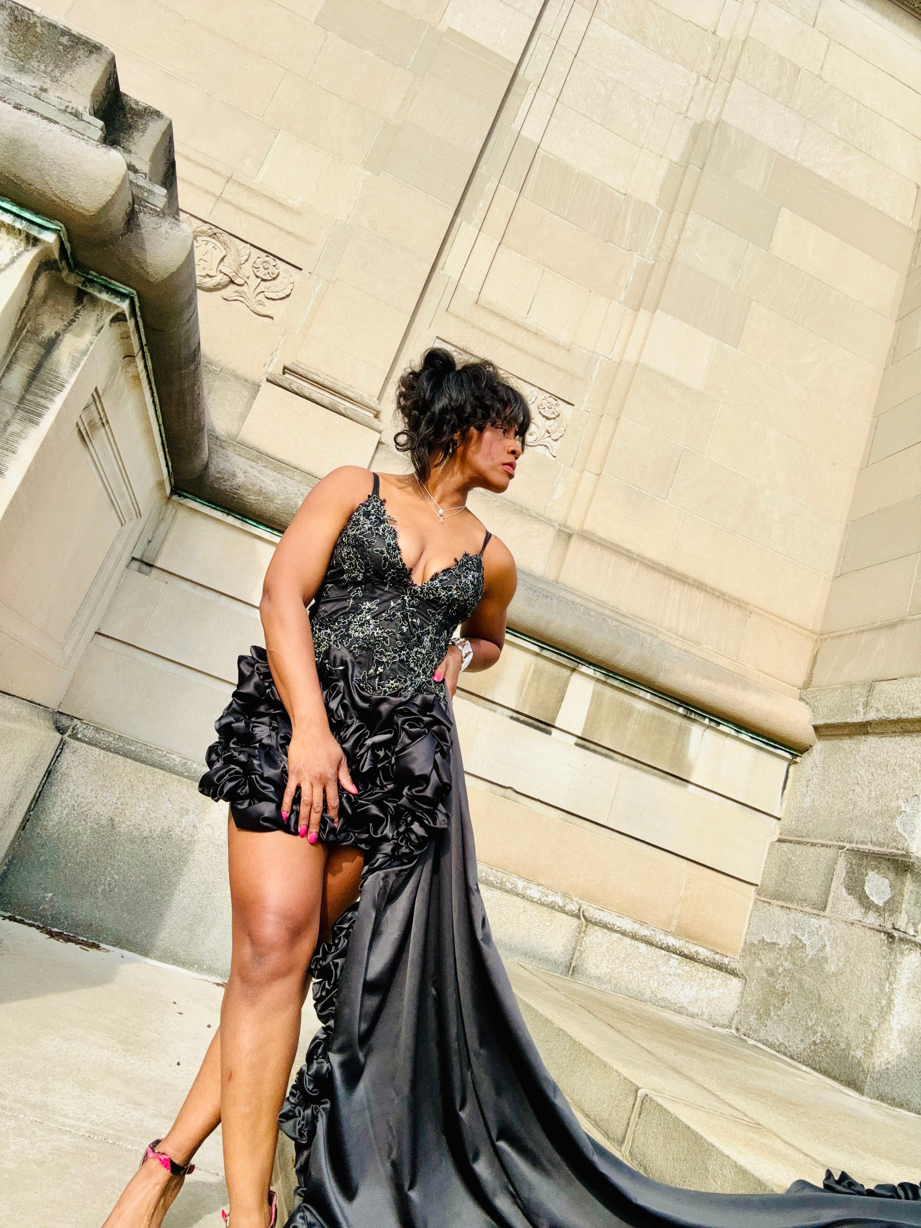 “Shannon” asymmetrical ruffle gown