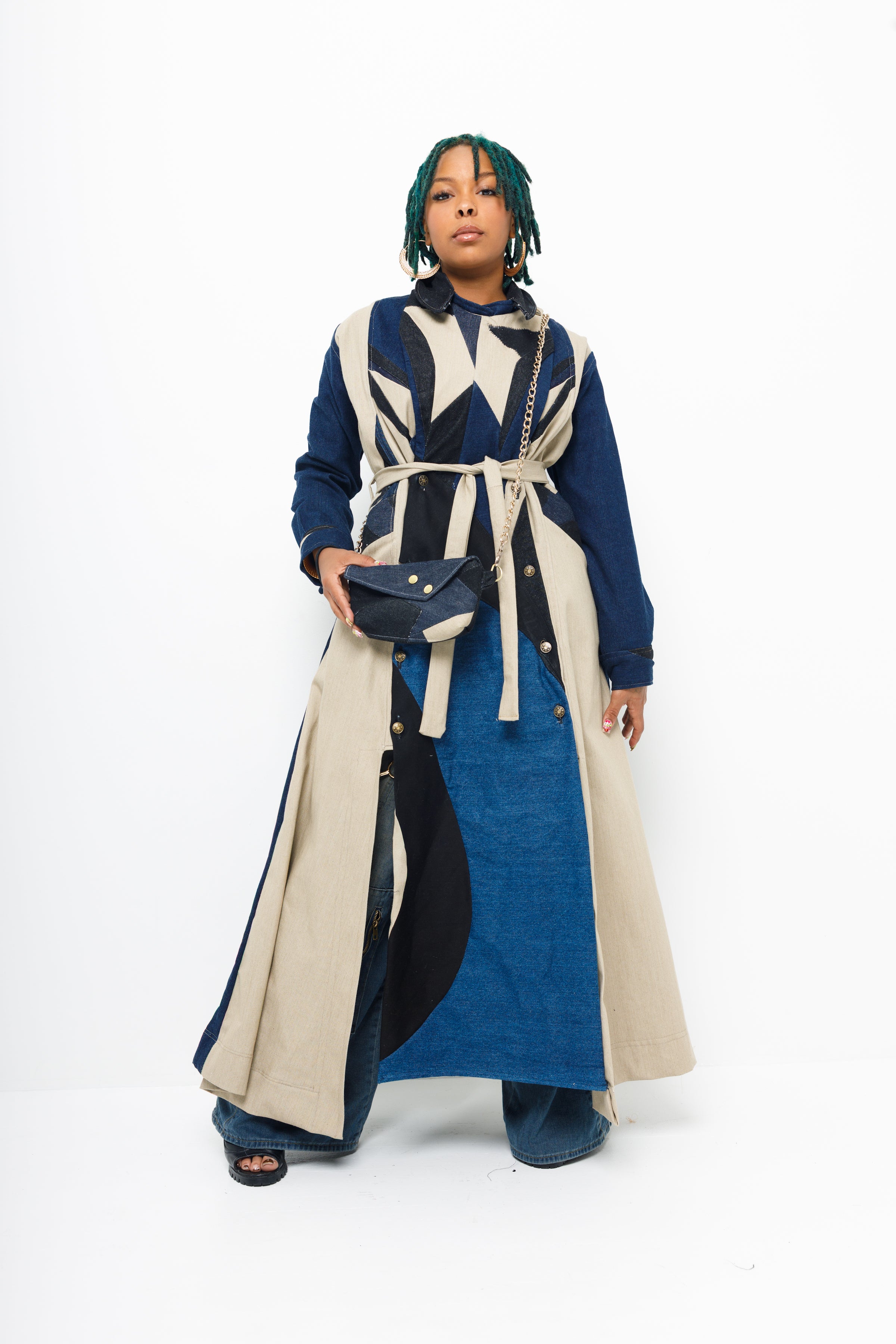 “Carmen” patchwork denim cover trench coat