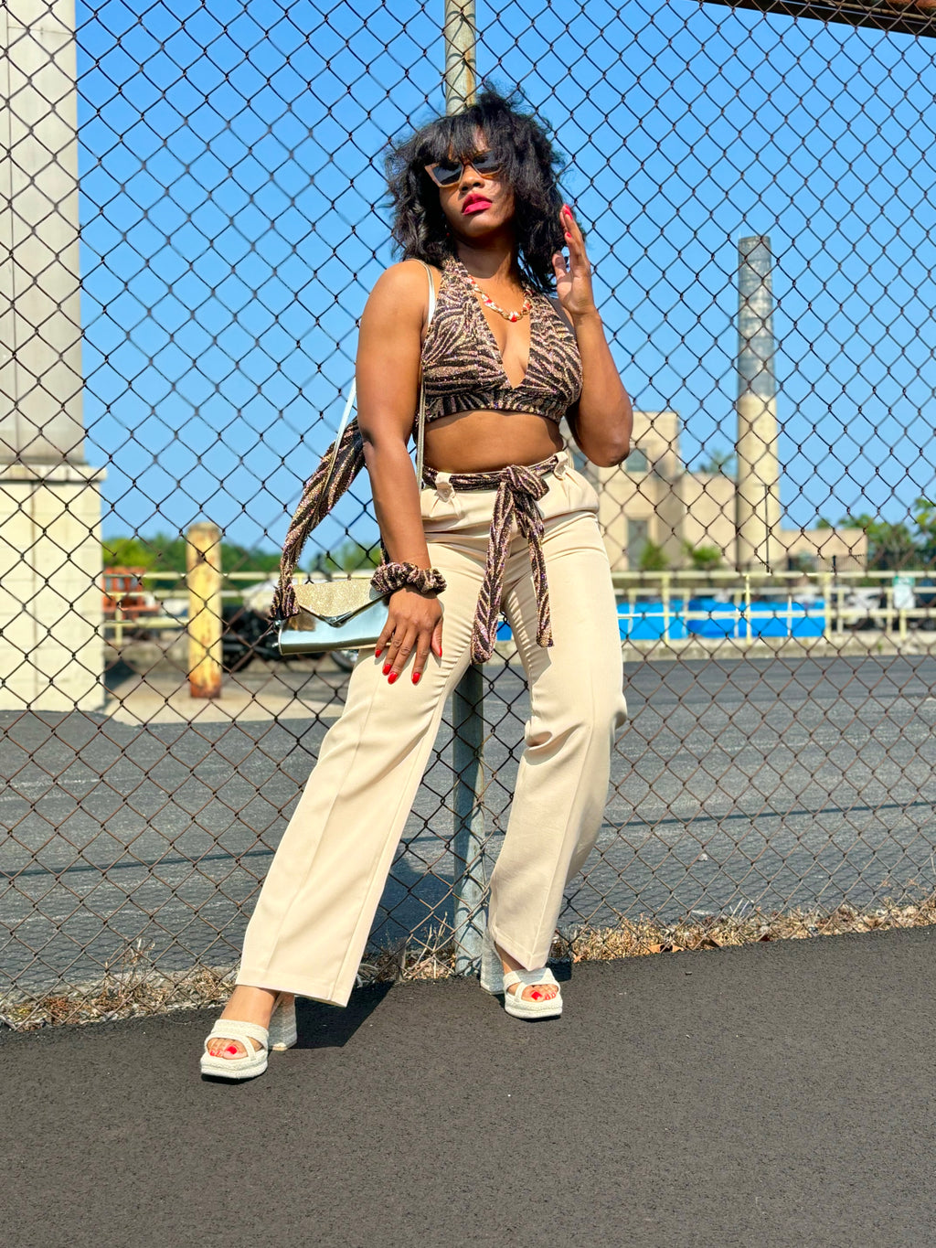 “Evante” metallic zebra print halter wrap top with matching scrunchie