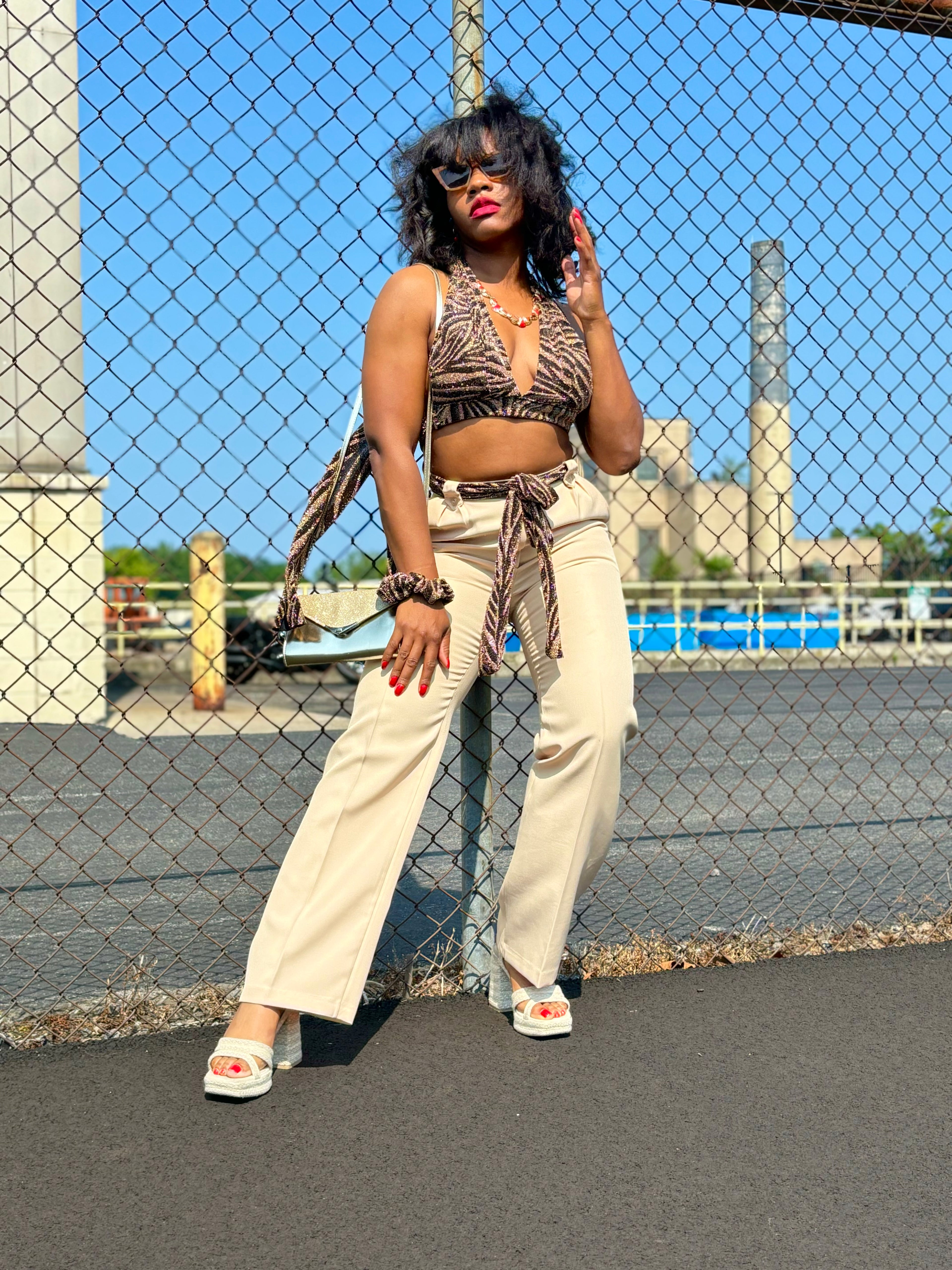 “Evante” metallic zebra print halter wrap top with matching scrunchie