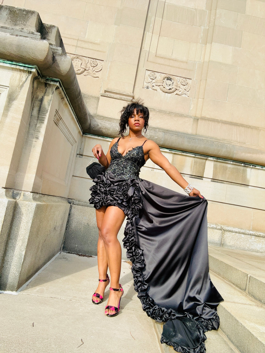 “Shannon” asymmetrical ruffle gown