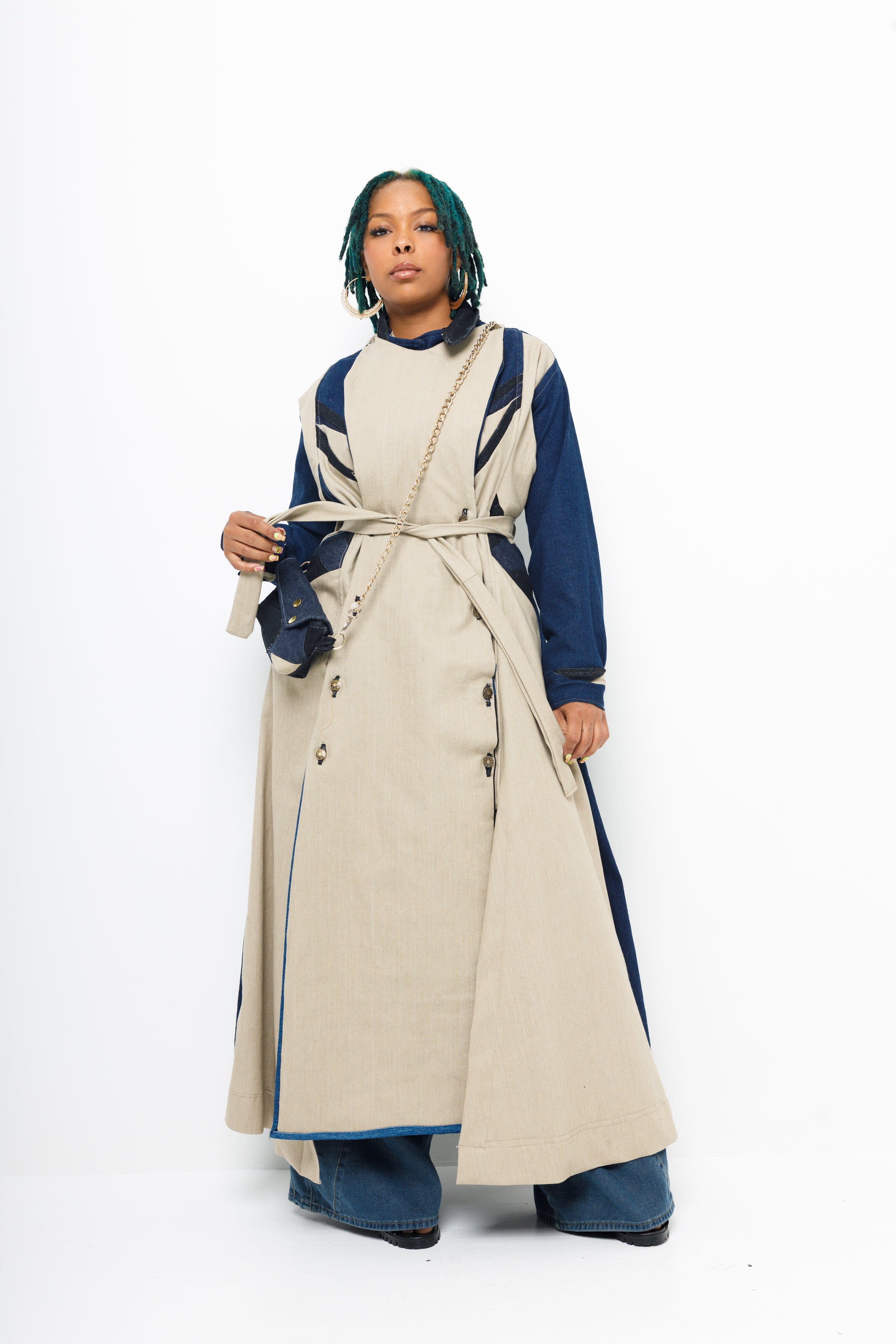 “Carmen” patchwork denim cover trench coat