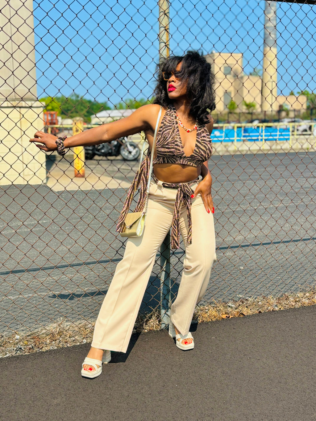 “Evante” metallic zebra print halter wrap top with matching scrunchie