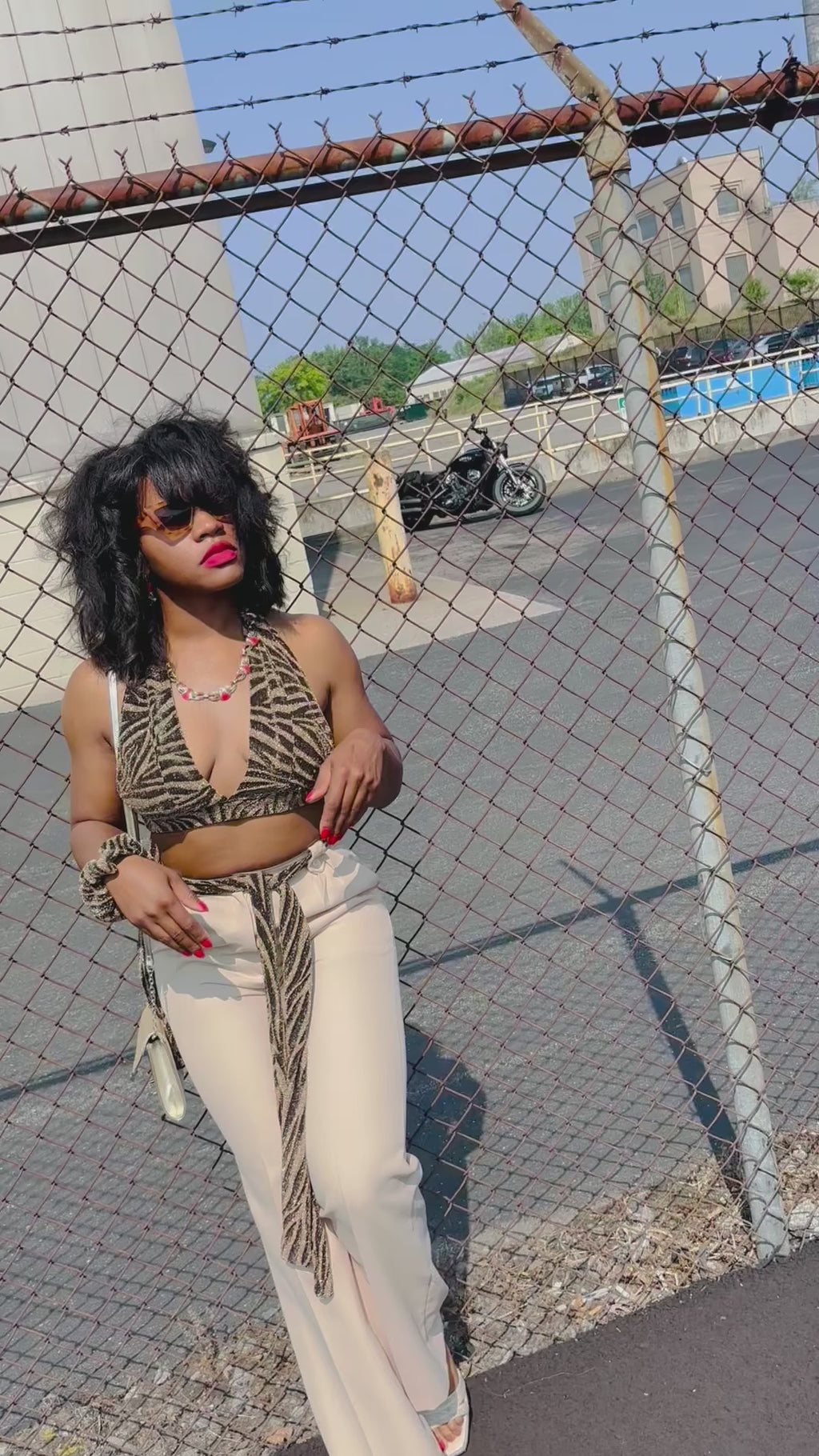 “Evante” metallic zebra print halter wrap top with matching scrunchie