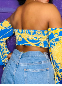 “Tabitha” blue and yellow crop top