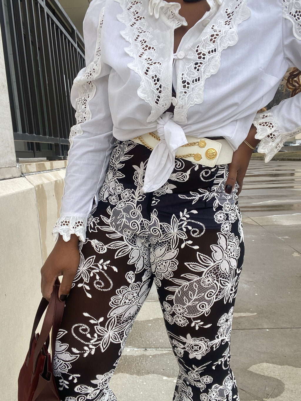 “Hannah” black and white mesh bell bottoms