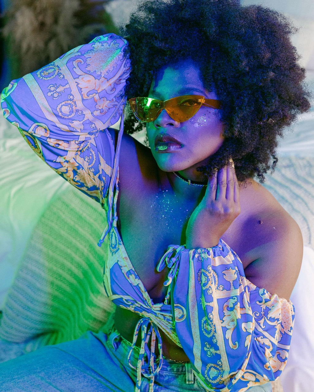 “Tabitha” blue and yellow crop top